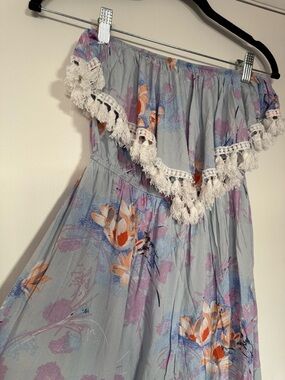 Light Blue Floral Strapless Dress with White Tassel Trim